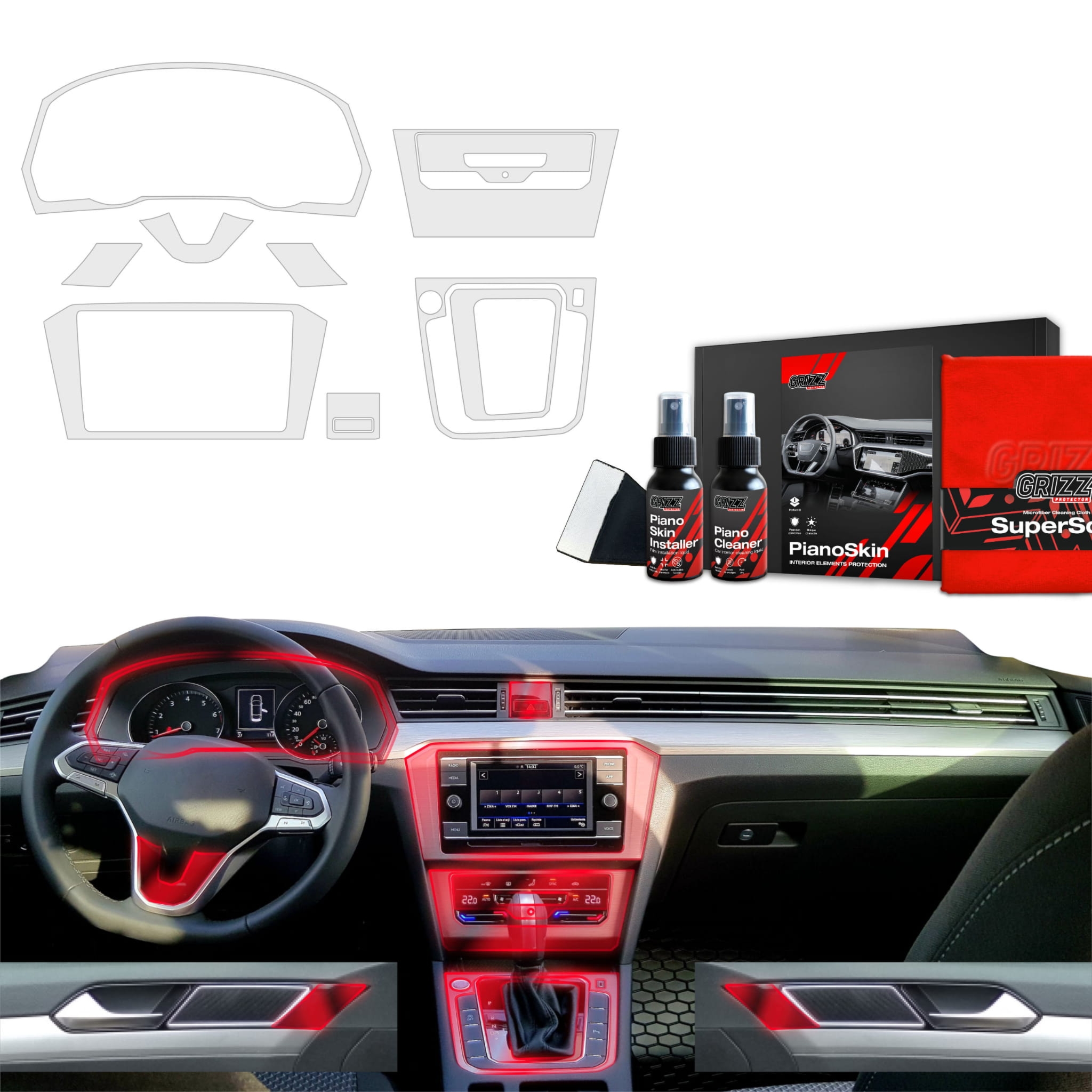 8w1 Grizz Protector folia ochronna do wnętrza Volkswagen VW Passat B8 (2020-2023) Antyodciskowa PianoSkin