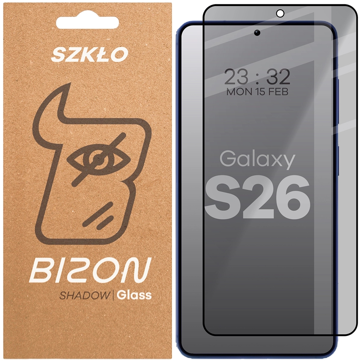 Prywatyzujące szkło hartowane Bizon Glass Edge Shadow do Galaxy S26, przyciemniane z czarną ramką