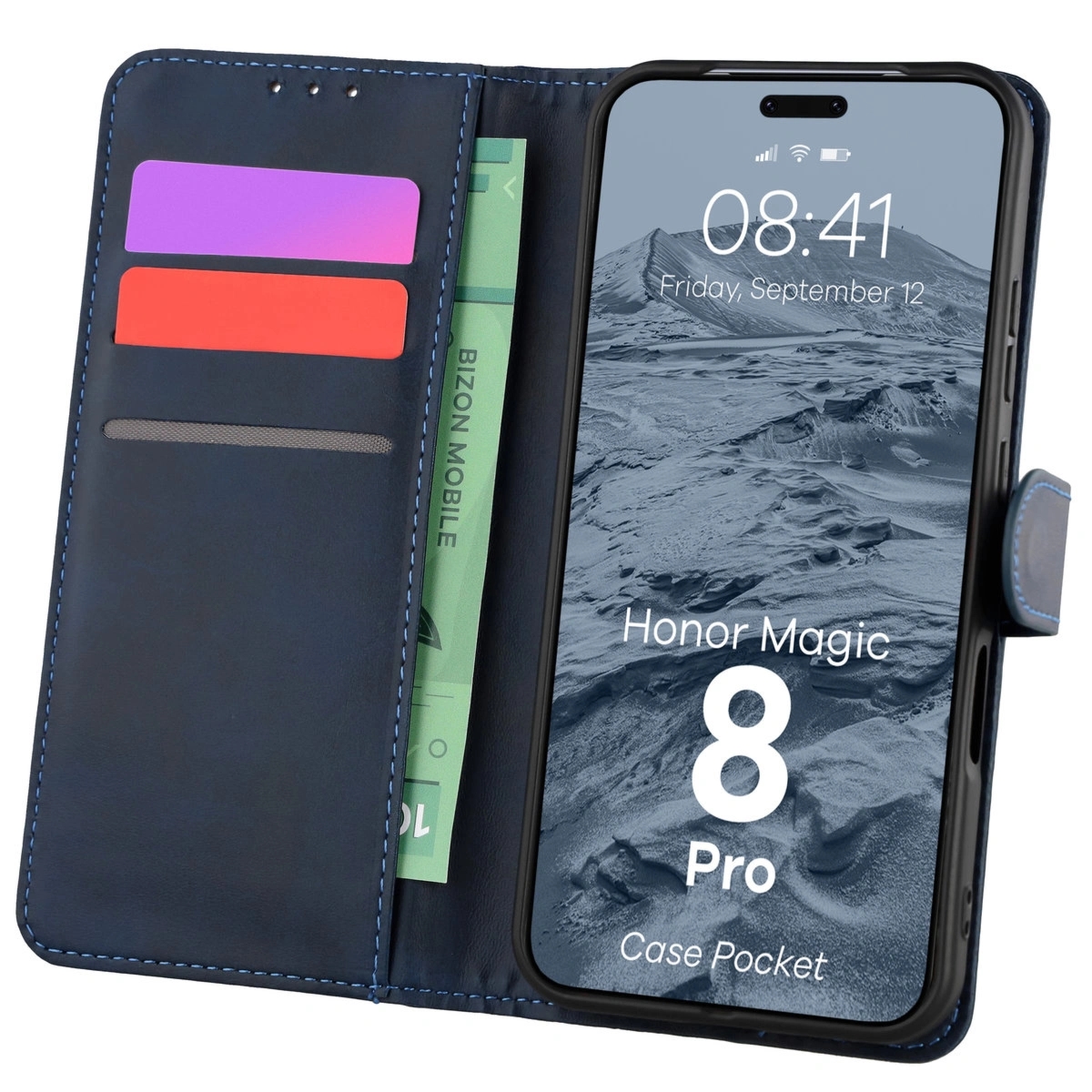 Etui z klapką Bizon Case Pocket do Honor Magic8 Pro, granatowe