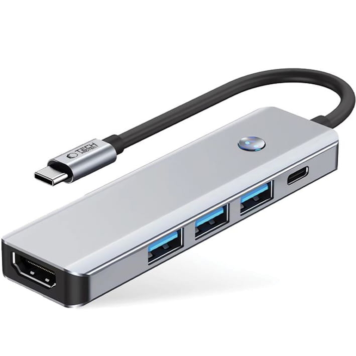 Image of Hub, adapter Tech-Protect HB01, 5w1 1x USB-A 3.0, 2x USB-A 2.0, 1x USB-C 100W PD, HDMI, szary
