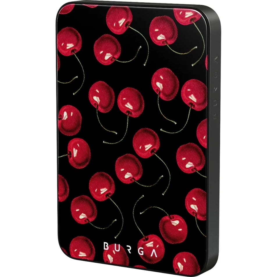 Powerbank indukcyjny Burga Magnetic Gunmetal Cherrybomb, magnetyczny do MagSafe, Qi, USB-C, PD, 20W, 5000mAh + kabel USB-C, czarny z wzorem wiśni