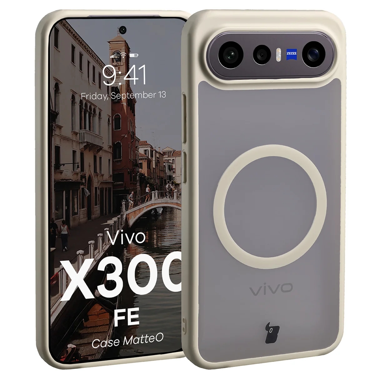 Etui z pierścieniem magnetycznym Bizon Case MatteO do Vivo X300 FE, przydymione-beżowe