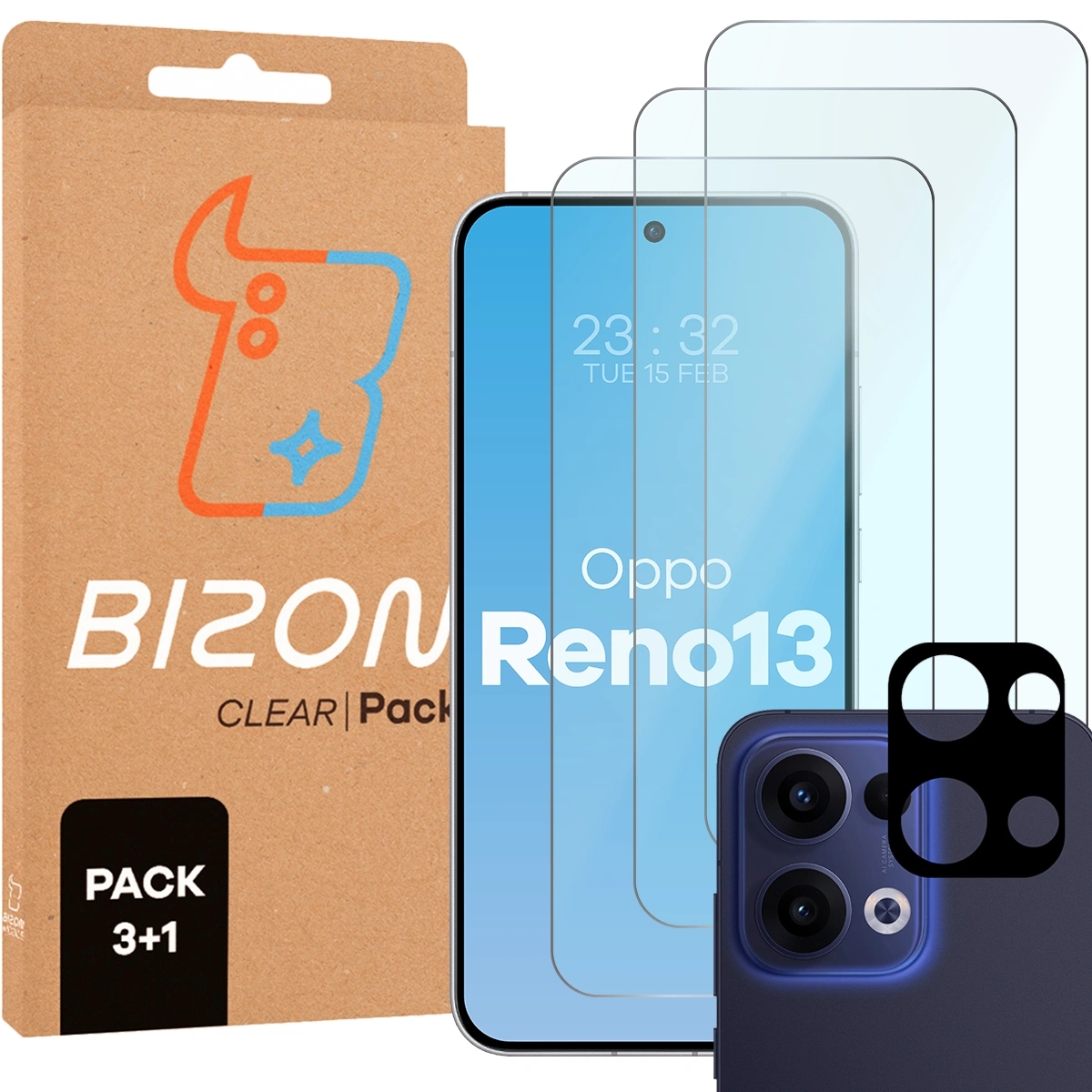 Image of 3x Szkło hartowane + szybka na aparat Bizon Glass Clear 2 Pack do Oppo Reno13