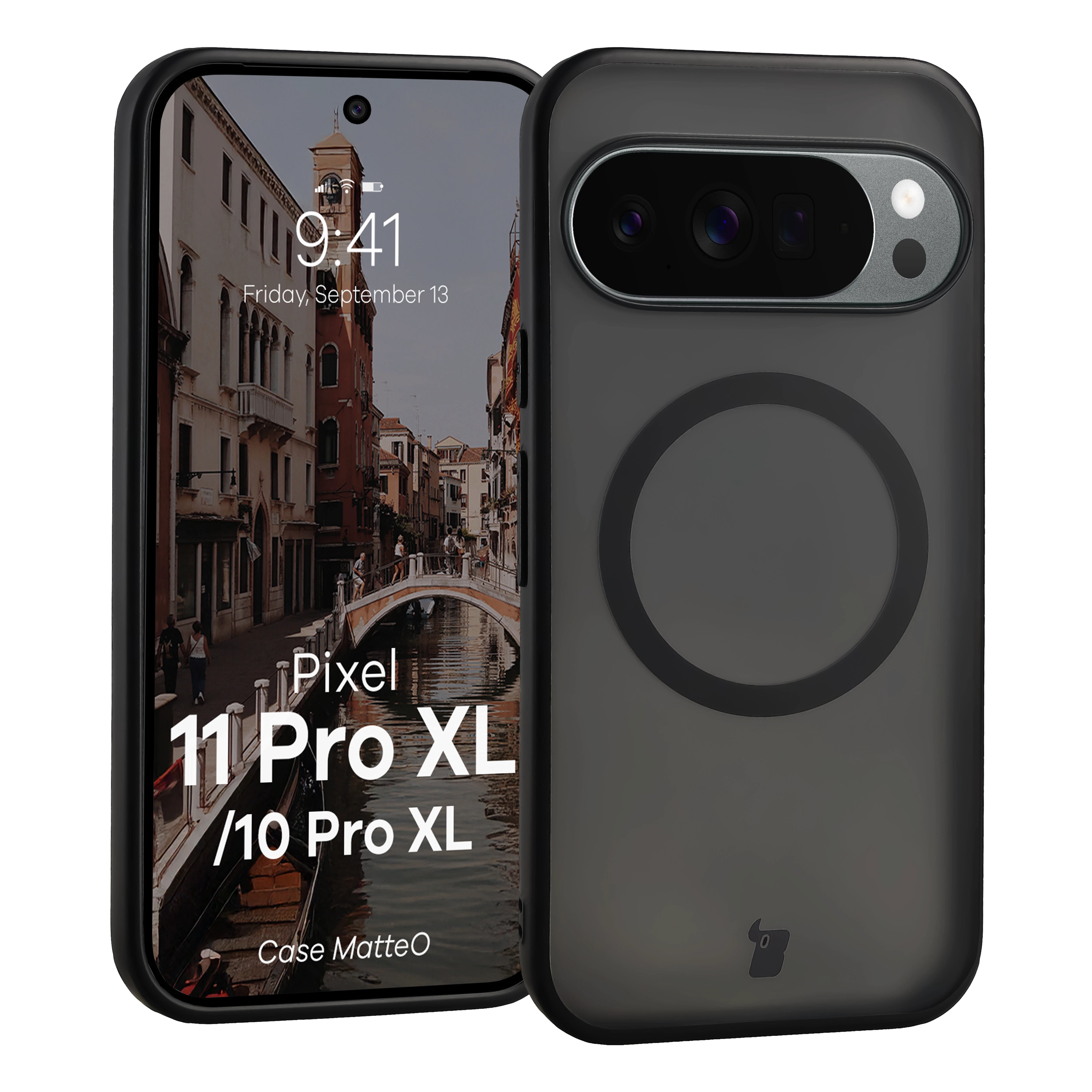 Etui z pierścieniem magnetycznym Bizon Case MatteO do Google Pixel 11 Pro XL / 10 Pro XL, przydymione-czarne