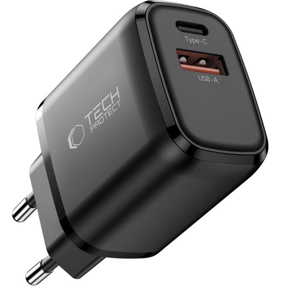 Ładowarka sieciowa Tech-Protect NCA65W GaN, 1x USB-A QC 3.0, 1x USB-C PD, 65W, czarna