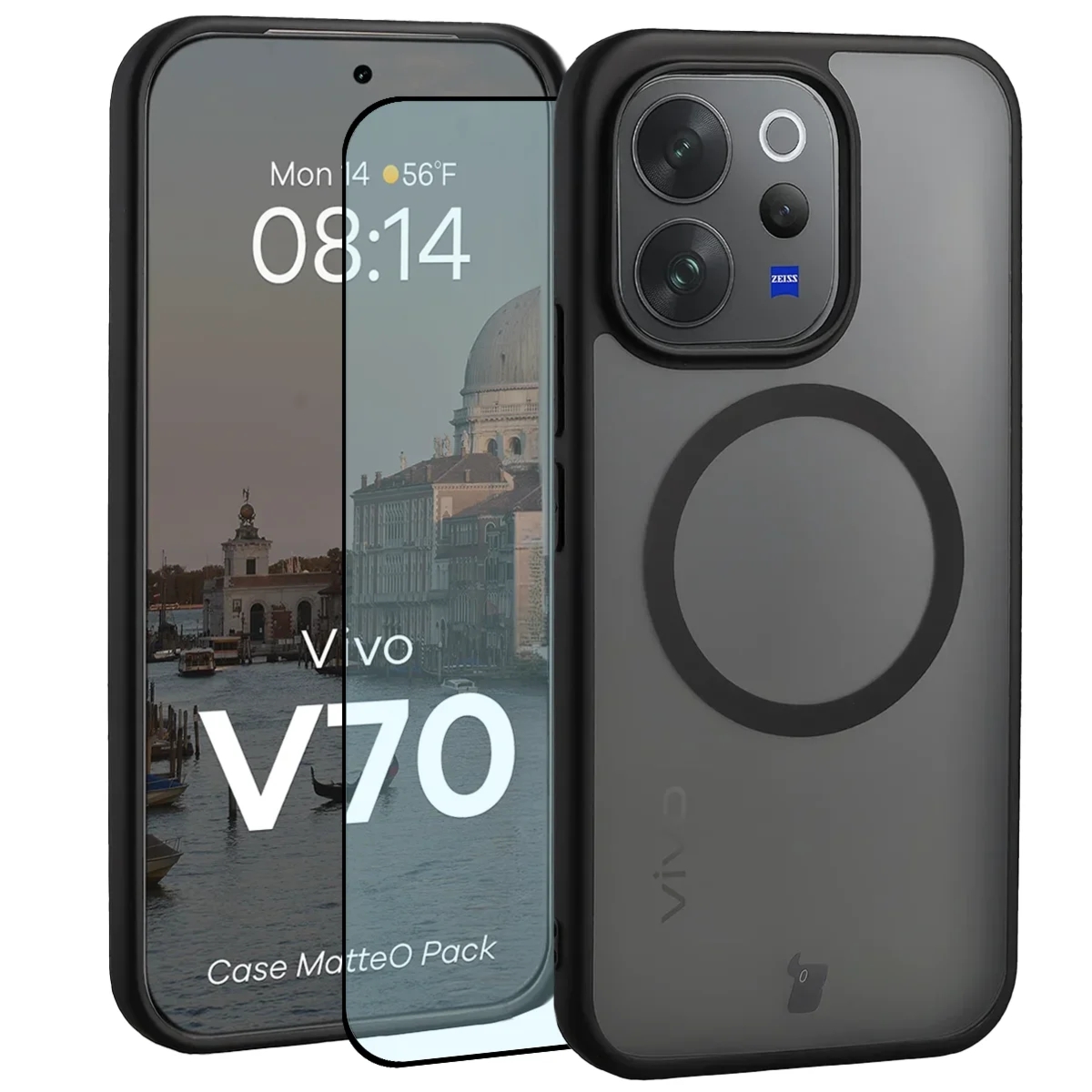 Etui z pierścieniem magnetycznym + szkło hartowane Bizon MatteO Pack do Vivo V70 5G, przydymione-czarne