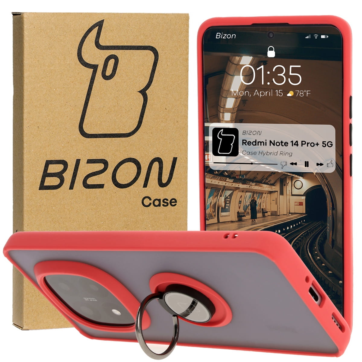 Image of Etui z uchwytem na palec Bizon Case Hybrid Ring do Xiaomi Redmi Note 14 Pro Plus 5G, przydymione z czerwoną ramką