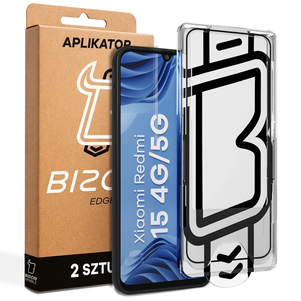 Szkło hartowane z ramką aplikacyjną Bizon Glass Aplikator Edge do Xiaomi Redmi 15 4G / 5G, 2 zestawy