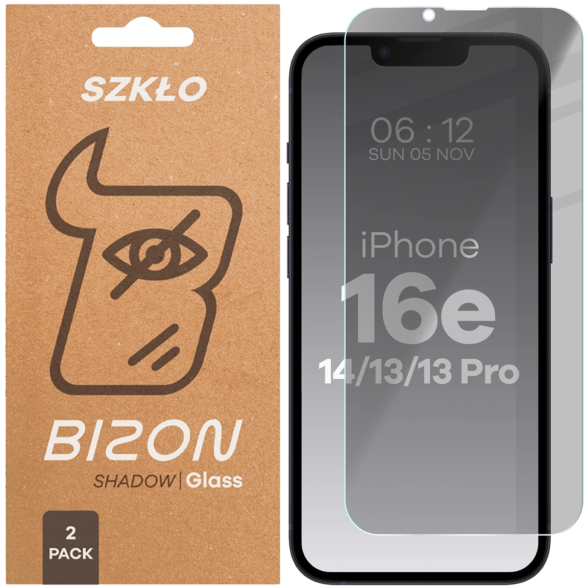 Prywatyzujące szkło hartowane Bizon Glass Clear Shadow Duo do iPhone 17e / 16e / 14 / 13 Pro / 13, przyciemniane, 2 sztuki