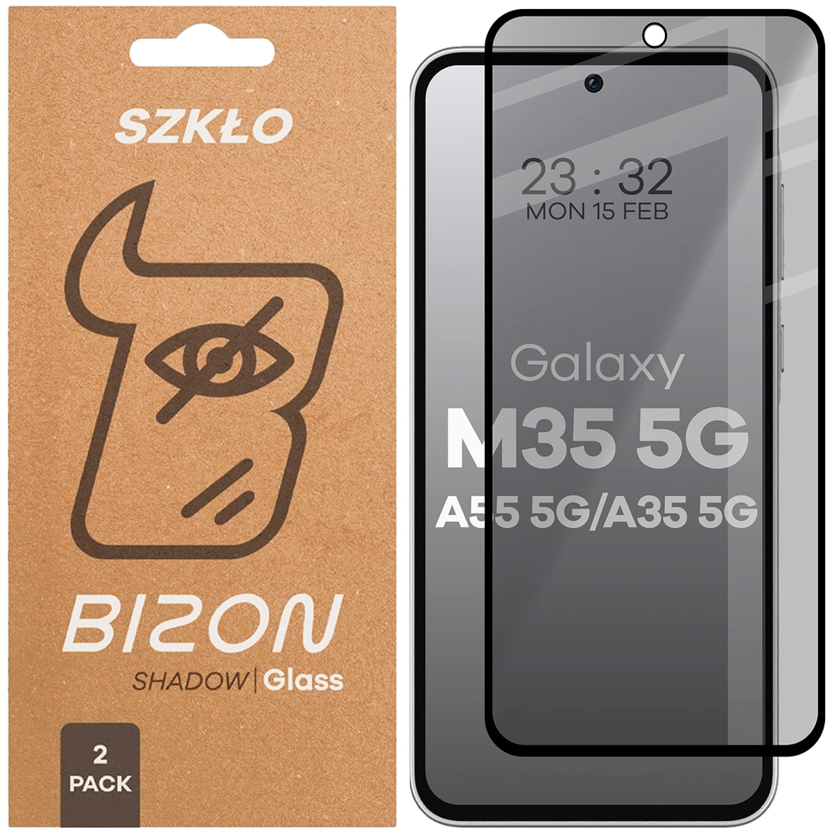 Prywatyzujące szkło hartowane Bizon Glass Edge Shadow Duo do Galaxy M35 5G / A35 5G / A55 5G, przyciemniane z czarną ramką, 2 sztuki