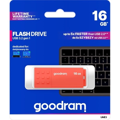 Image of Pendrive USB-A 3.2 Gen 1, Goodram UME3 16GB, 60MB/s, pomarańczowy