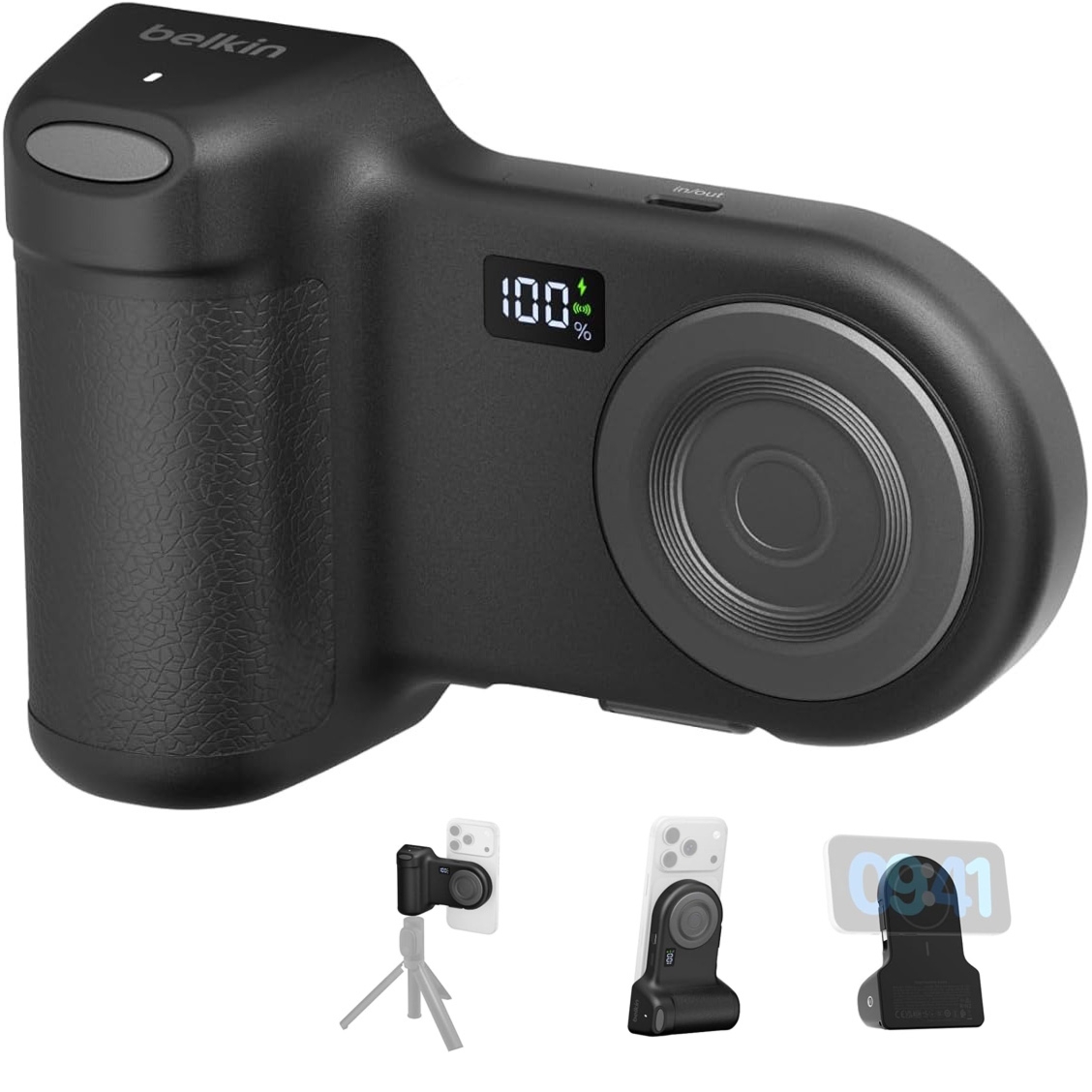 Bateria Power Bank uchwyt fotograficzny stand Belkin Stage PowerGrip do MagSafe Qi 7,5W 9300 mAh, szara