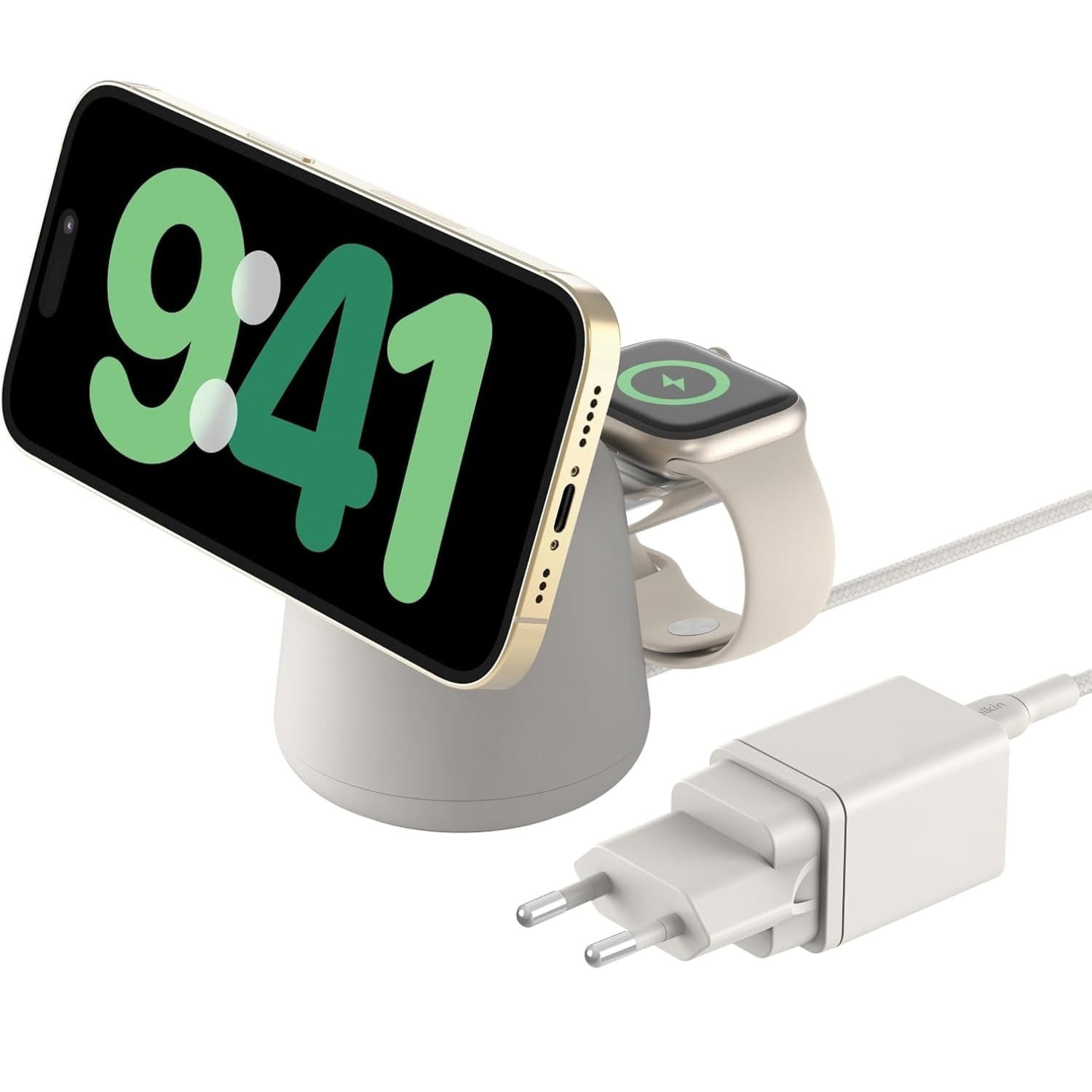 Ładowarka indukcyjna Belkin Boost Pro MFi 2w1 Qi2 15W +PSU WIZ027 dla iPhone z MagSafe / Apple Watch, beżowa