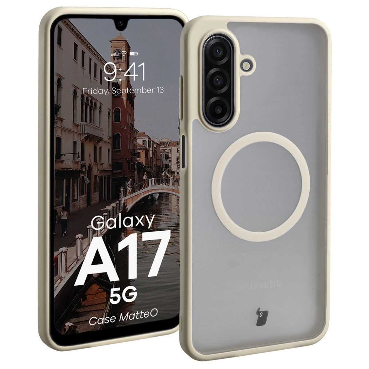 Etui z pierścieniem magnetycznym Bizon Case MatteO do Galaxy A17 5G, przydymione-beżowe