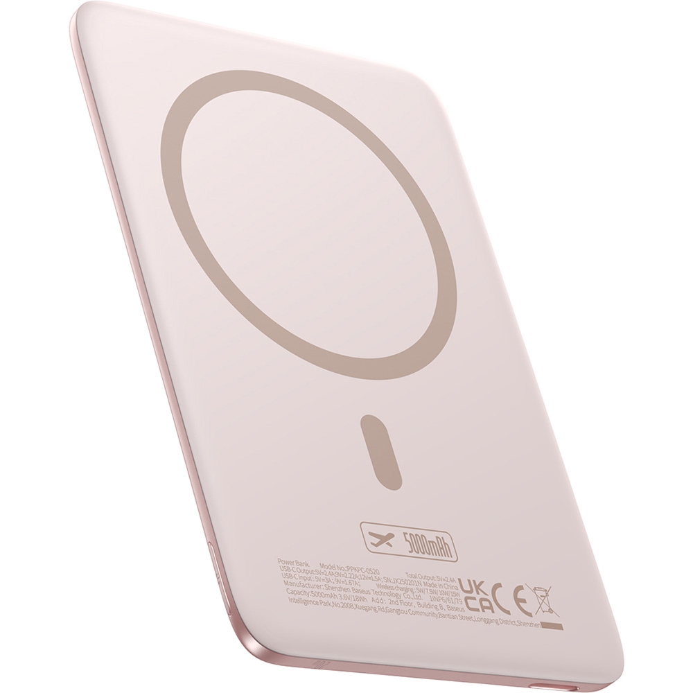 OUTLET: Cienki powerbank indukcyjny Qi, Baseus PicoGo AM41 do MagSafe, 5000mAh, 20W + kabel USB-C 60W 30 cm, różowy