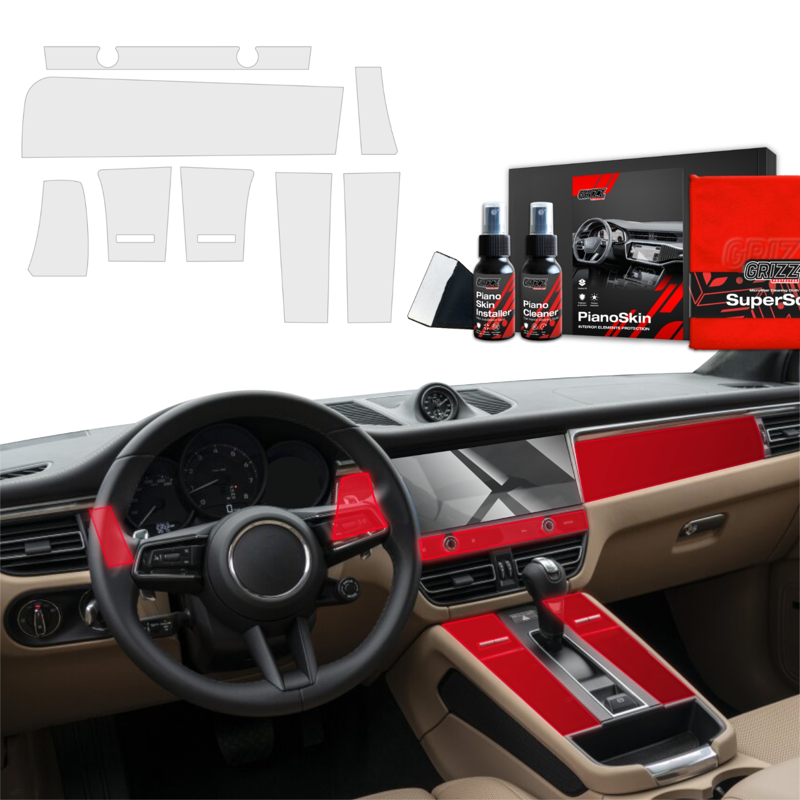 8w1 Grizz Protector folia ochronna do wnętrza Porsche Macan T (2021-2024) Antyodciskowa PianoSkin