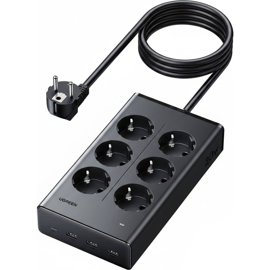 Listwa zasilająca / przedłużacz GaN Ugreen S622 USB 20W / AC 3680W, 3x USB-A 15W, 1x USB-C PD 20W, 6x AC EU, 1,5 m, czarna