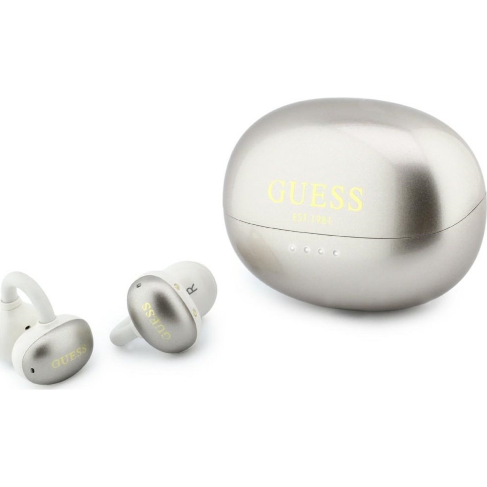 Bezprzewodowe słuchawki douszne, otwarte Guess OWS Metalic Finish Electroplated Parts Classic Logo, Bluetooth 6.0, biało-szare, metaliczne