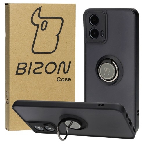Image of Etui z uchwytem na palec Bizon Case Hybrid Ring do Motorola Moto G34 5G, przydymione z czarną ramką