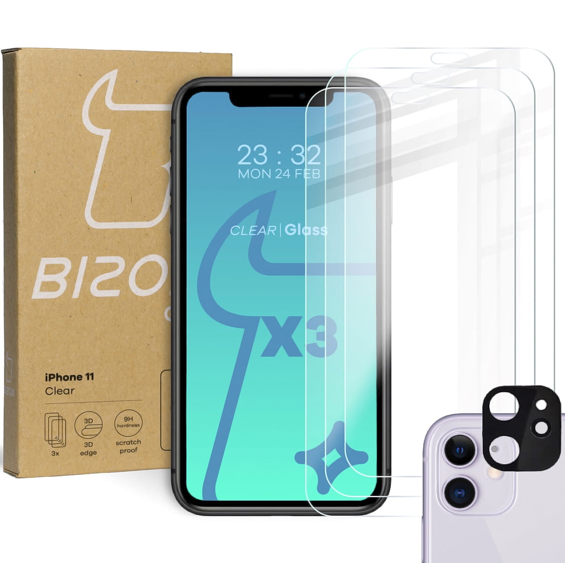 Image of 3x Szkło hartowane + szybka na aparat Bizon Glass Clear Pack, iPhone 11