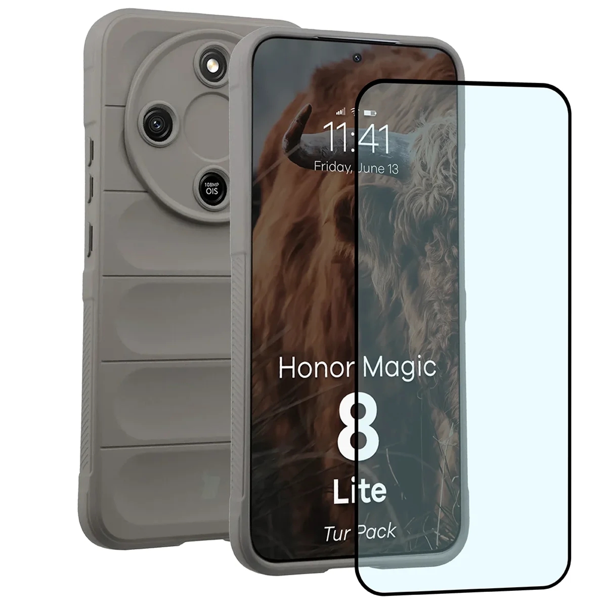 Pancerne etui + szkło hartowane Bizon Tur Pack do Honor Magic8 Lite, jasnoszare