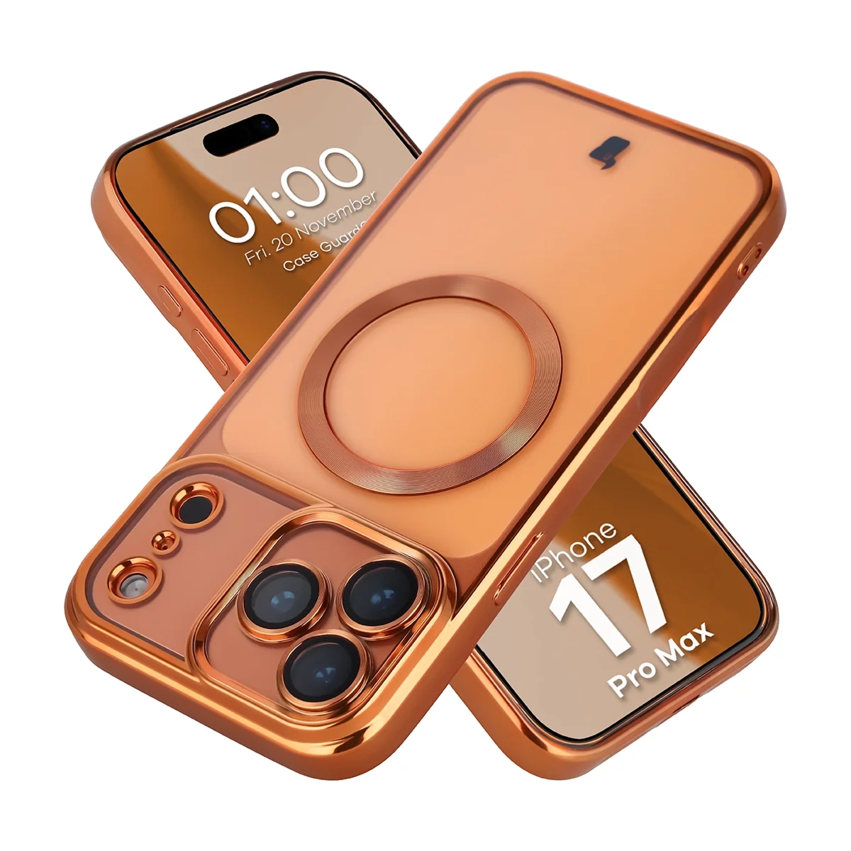 Etui z ochroną aparatu i pierścieniem magnetycznym Bizon Case GuardO do iPhone 17 Pro Max, przezroczysto-pomarańczowe