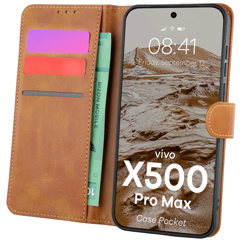 Etui z klapką Bizon Case Pocket do Vivo X500 Pro Max, brązowe