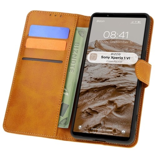 Image of Etui z klapką Bizon Case Pocket do Sony Xperia 1 VI, brązowe