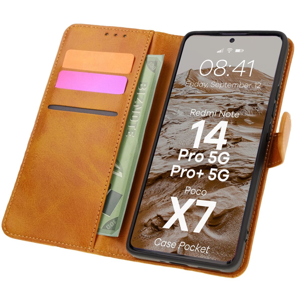 Image of Etui z klapką Bizon Case Pocket do Xiaomi Redmi Note 14 Pro 5G / Poco X7, brązowe