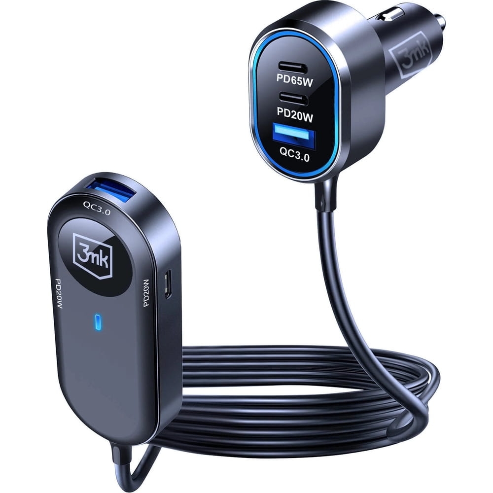 Image of Ładowarka samochodowa, przedłużacz 1,5 m, 3mk Double Car Charger 135W, 4x USB-C PD / 2x USB-A QC, czarna