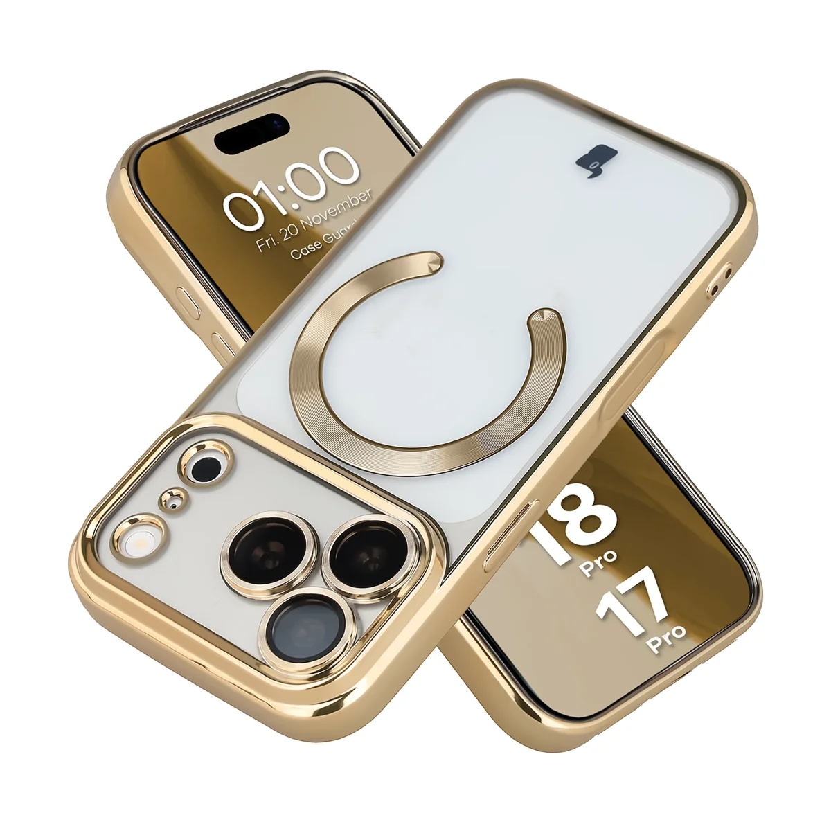 Etui z ochroną aparatu i pierścieniem magnetycznym Bizon Case GuardO do iPhone 18 Pro / 17 Pro, przezroczysto-złote