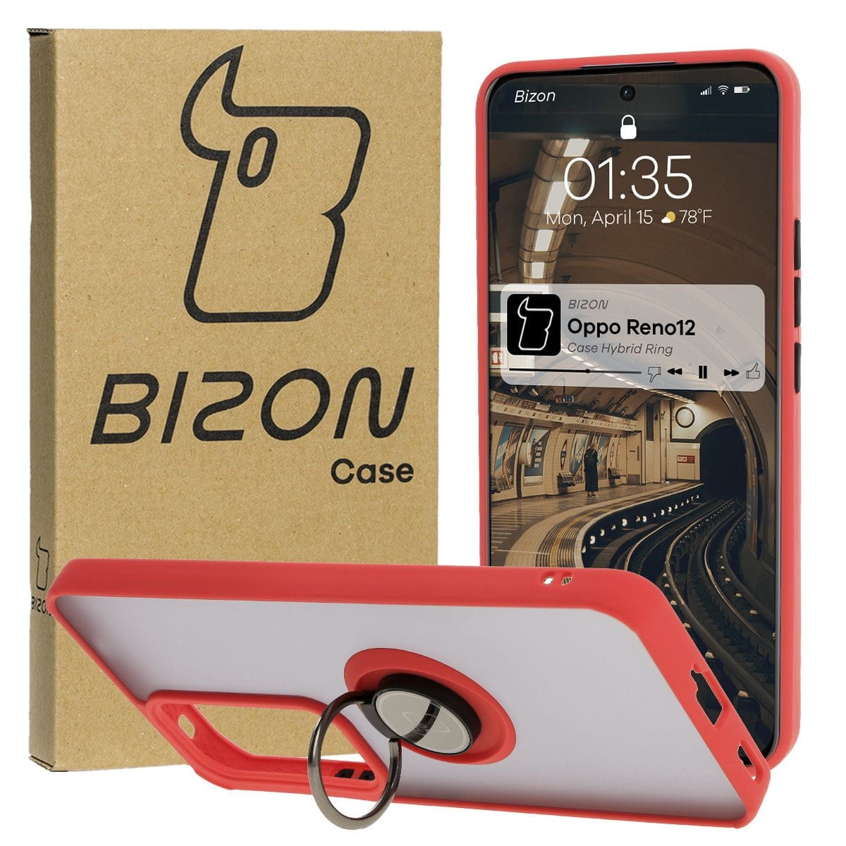 Image of Etui z uchwytem na palec Bizon Case Hybrid Ring do Oppo Reno 12, przydymione z czerwoną ramką
