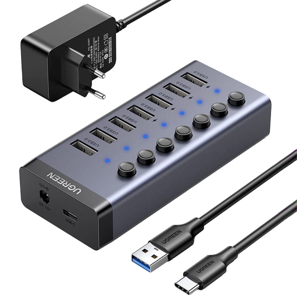 OUTLET: Wielofunkcyjny adapter HUB Ugreen  7w1 USB-C, 7x USB-A 3.0 PD DC 12V, szary
