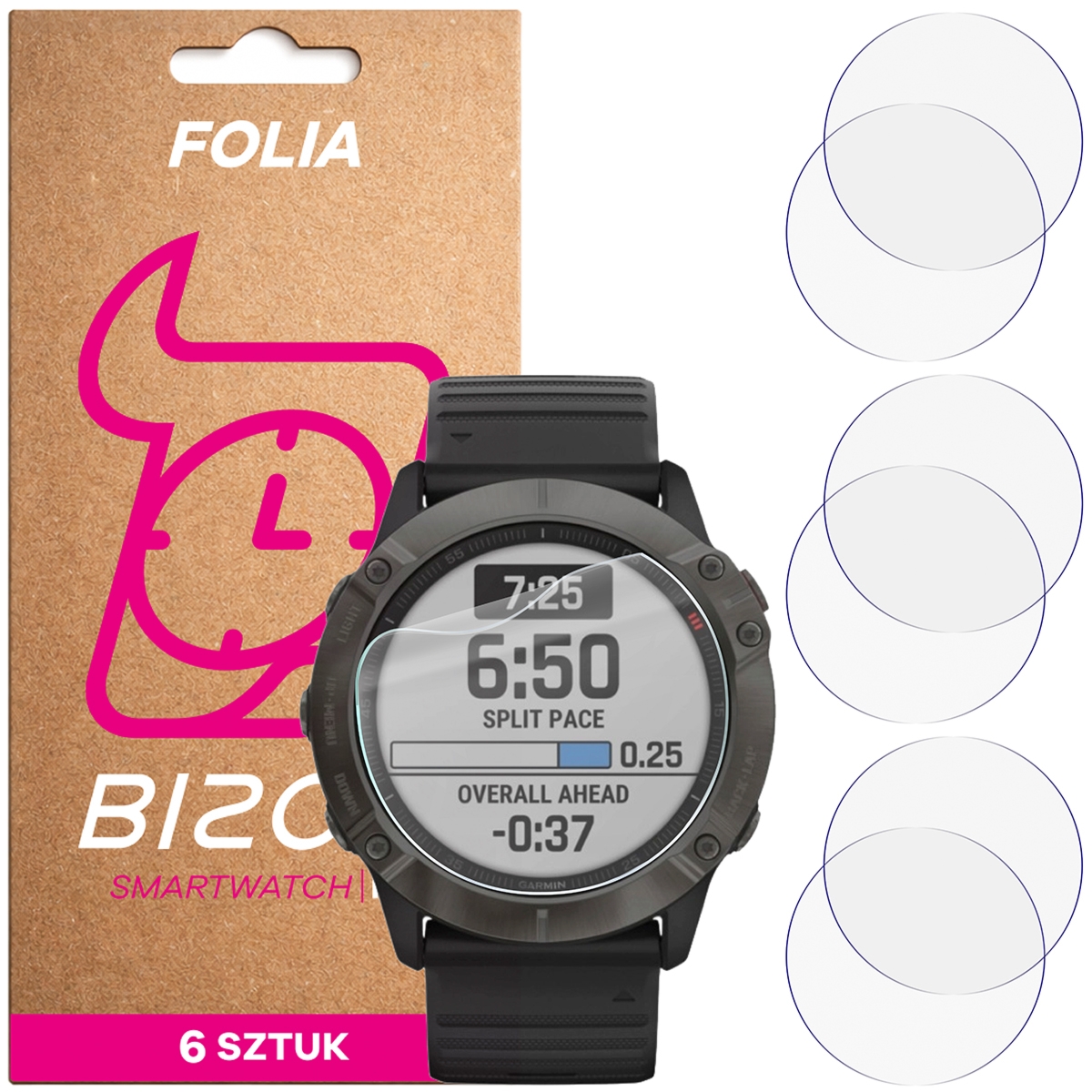 Folia ochronna na ekran zegarka Bizon Watch Film HydroFlex do Garmin Fenix 6X / 6X Pro 51 mm, 6 sztuk