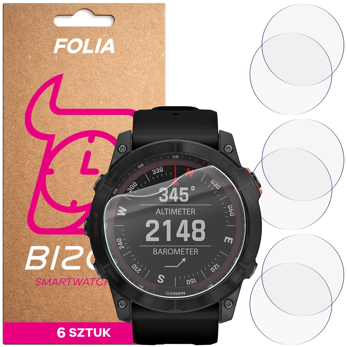 Folia ochronna na ekran zegarka Bizon Watch Film HydroFlex do Garmin Fenix 7X, 6 sztuk