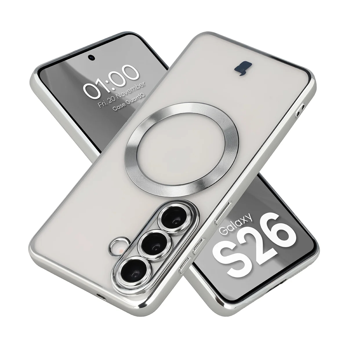 Etui z ochroną aparatu i pierścieniem magnetycznym Bizon Case GuardO do Galaxy S26, przezroczysto-srebrne