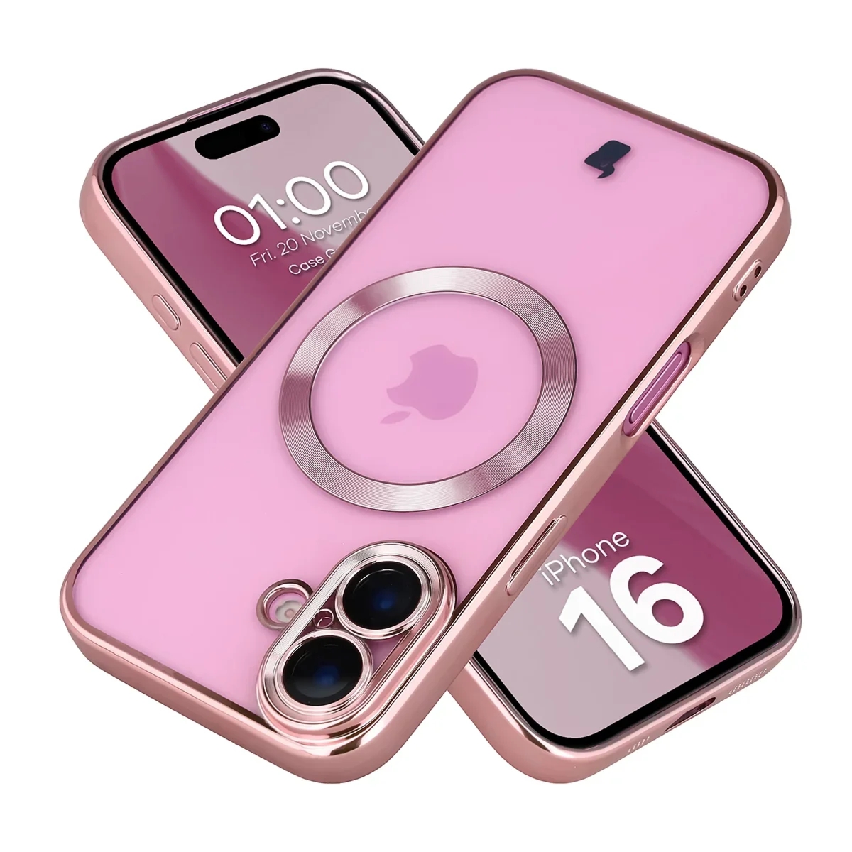 Etui z ochroną aparatu i pierścieniem magnetycznym Bizon Case GuardO do iPhone 16, przezroczysto-różowe