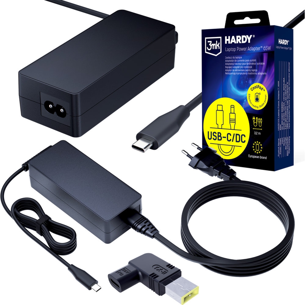 Zasilacz sieciowy 3mk do laptopa USB-C PD 65W, DC 11×4.5 mm (Slim Tip Square) do Lenovo, 3,2 m, czarny