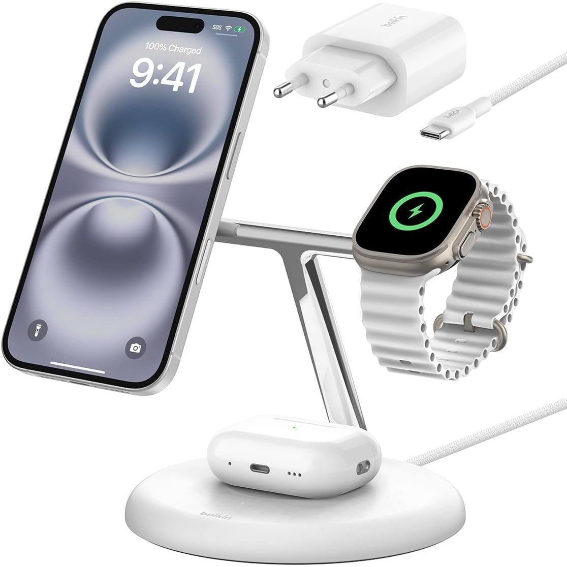 Image of Ładowarka indukcyjna Belkin Boost Pro 3-in-1 Qi2 15W dla Apple Watch / AirPods / iPhone z MagSafe +PSU WIZ023, biała