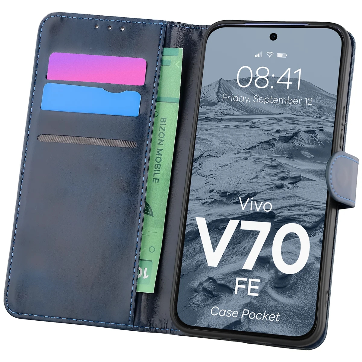 Etui z klapką Bizon Case Pocket do Vivo V70 FE 5G, granatowe