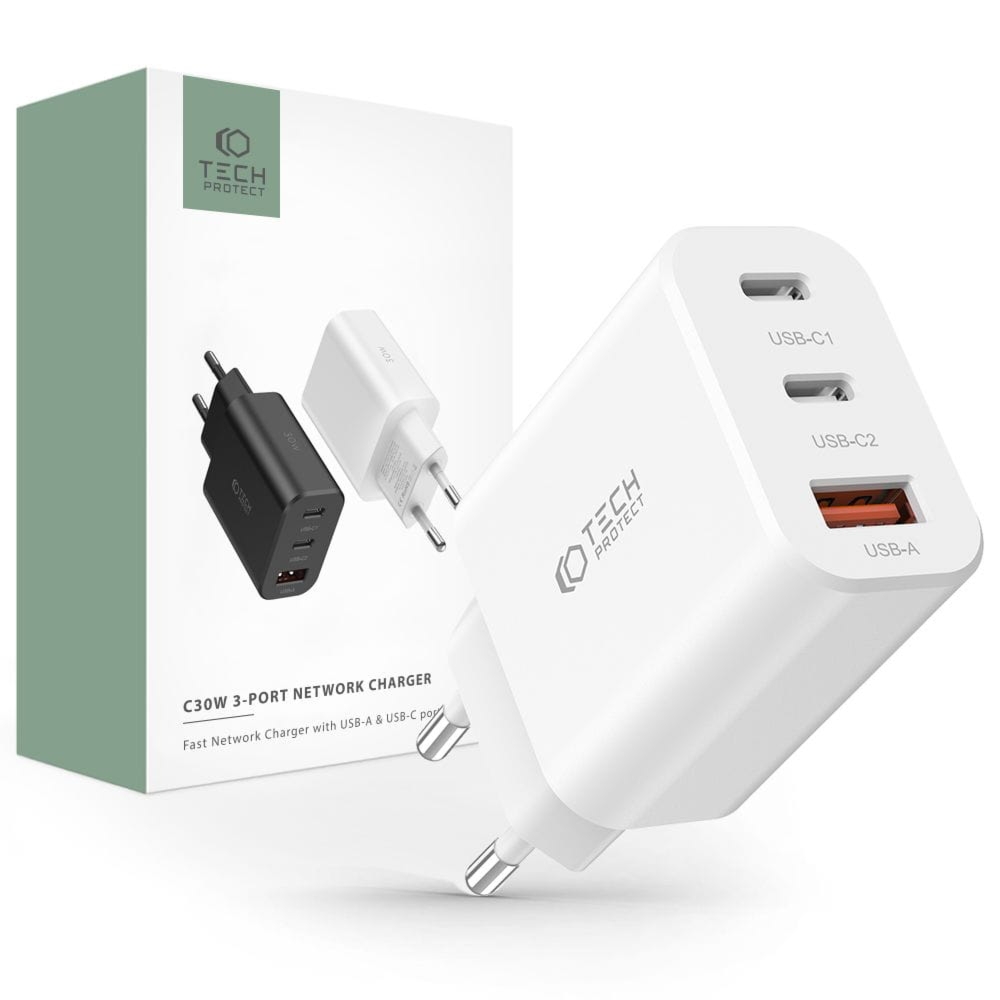 OUTLET: Ładowarka sieciowa 2x USB-C PD, USB-A, 30W, Tech-Protect C30W Network, biała