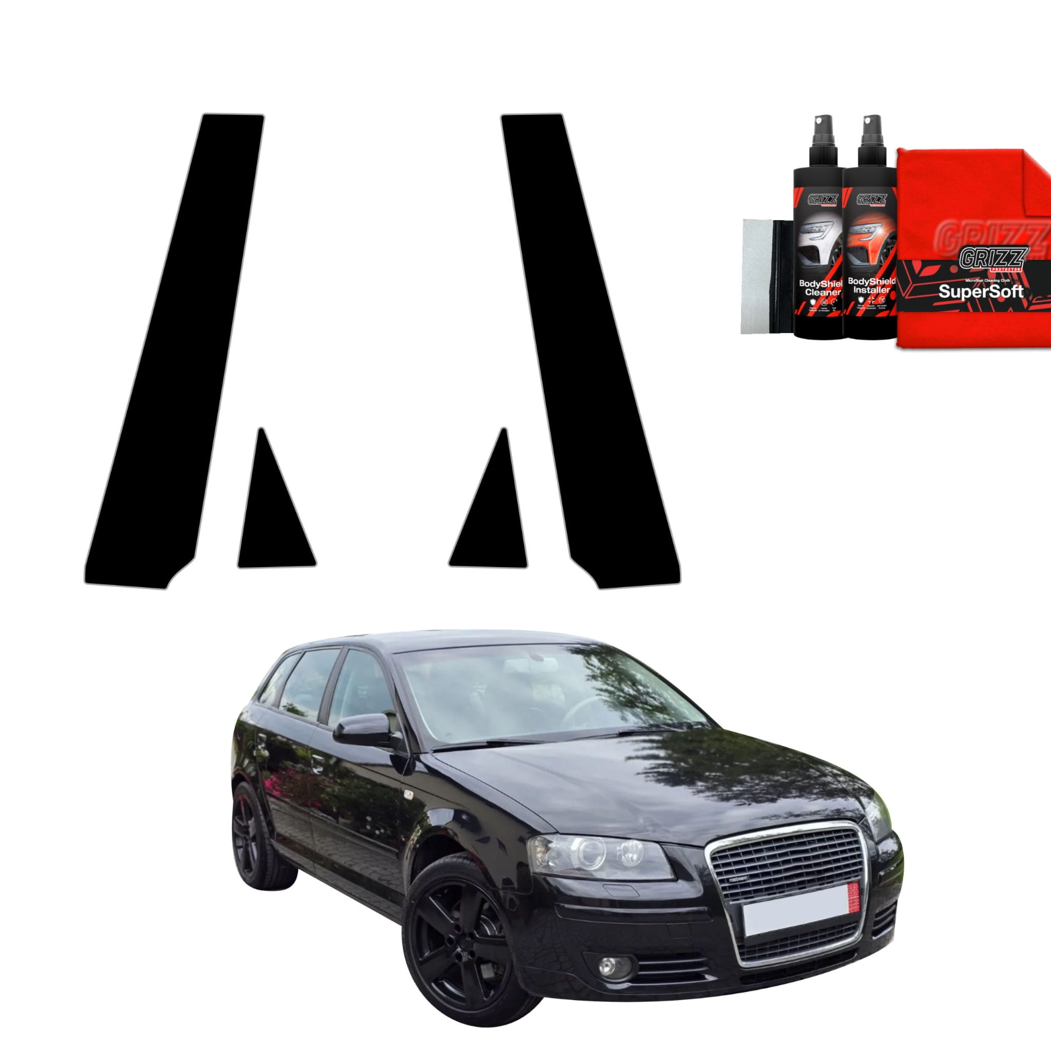 4w1 Czarna folia Grizz Protector na słupki do Audi A3 8P Hatchback 5D (2003-2008)