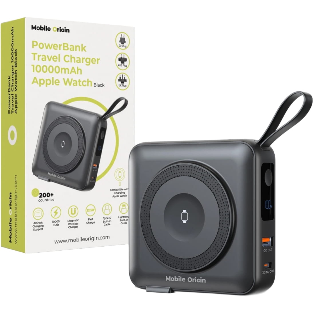Powerbank indukcyjny, podróżny z adapterami UK / EU / AUS do MagSafe, Mobile Origin, 10000mAh USB-C PD USB-A 22.5W, czarny