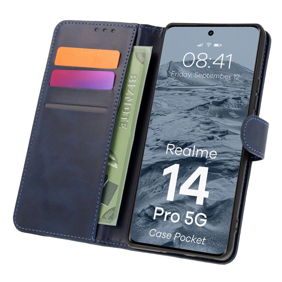 Image of Etui z klapką Bizon Case Pocket do Realme 14 Pro 5G, granatowe