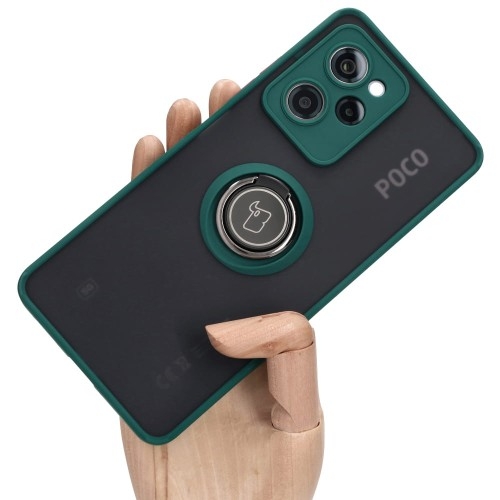 Image of Etui z uchwytem na palec Bizon Case Hybrid Ring do Xiaomi Poco X5 Pro, przydymione z ciemnozieloną ramką