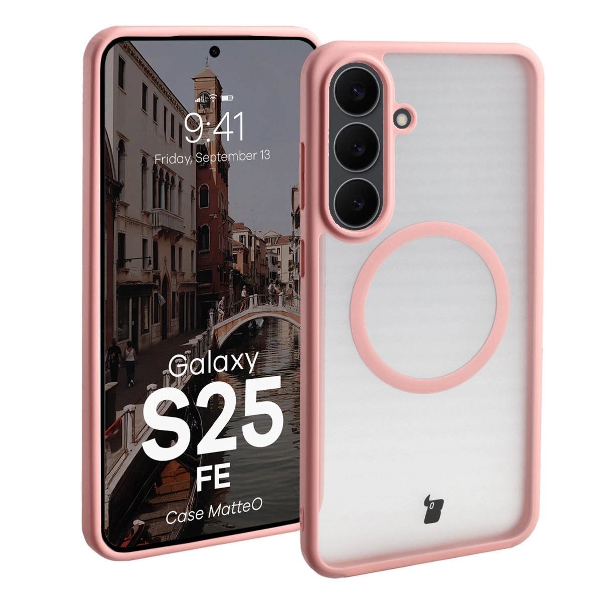 Etui z pierścieniem magnetycznym Bizon Case MatteO do Galaxy S25 FE, przydymione-jasnoróżowe