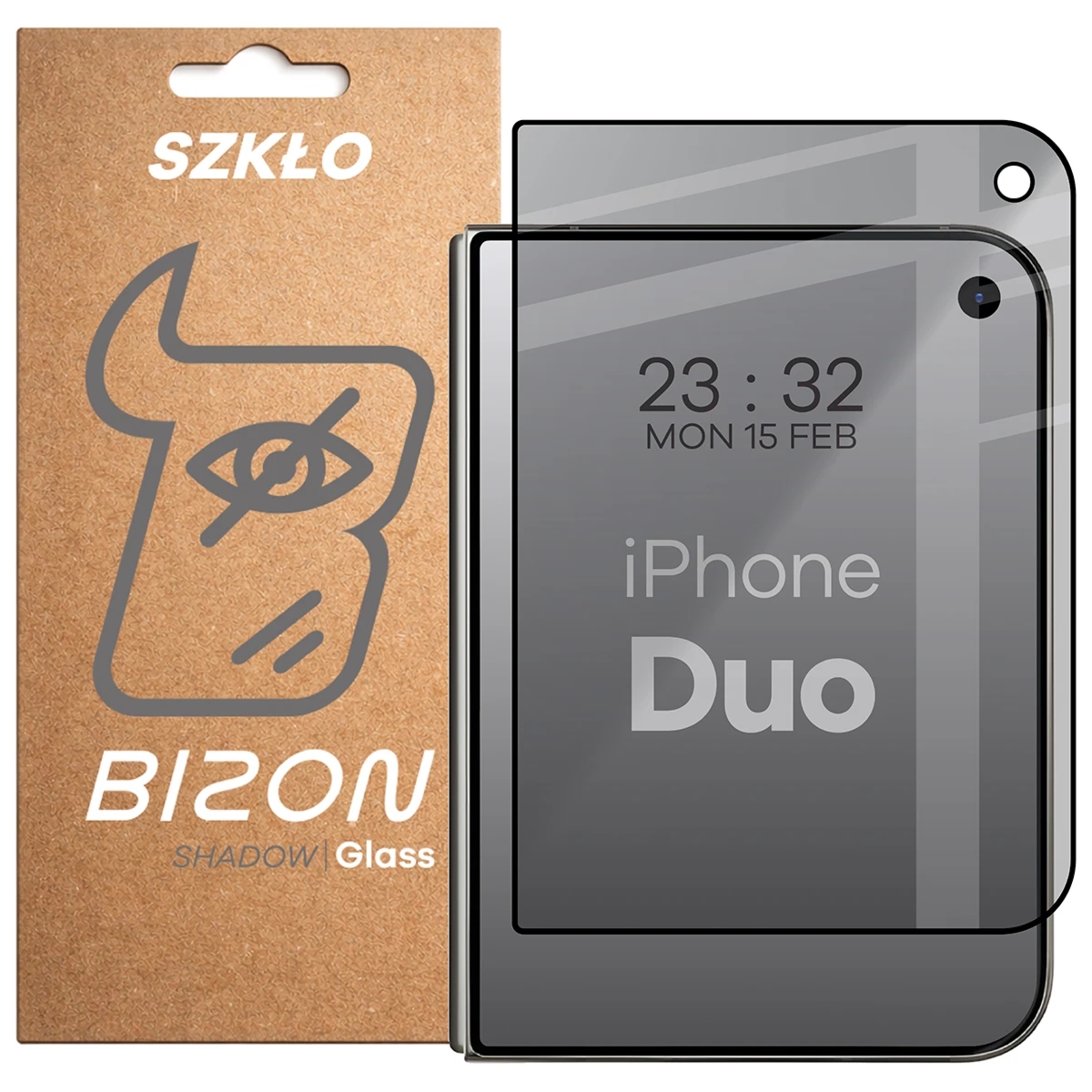 Prywatyzujące szkło hartowane Bizon Glass Edge Shadow do iPhone Duo, przyciemniane z czarną ramką