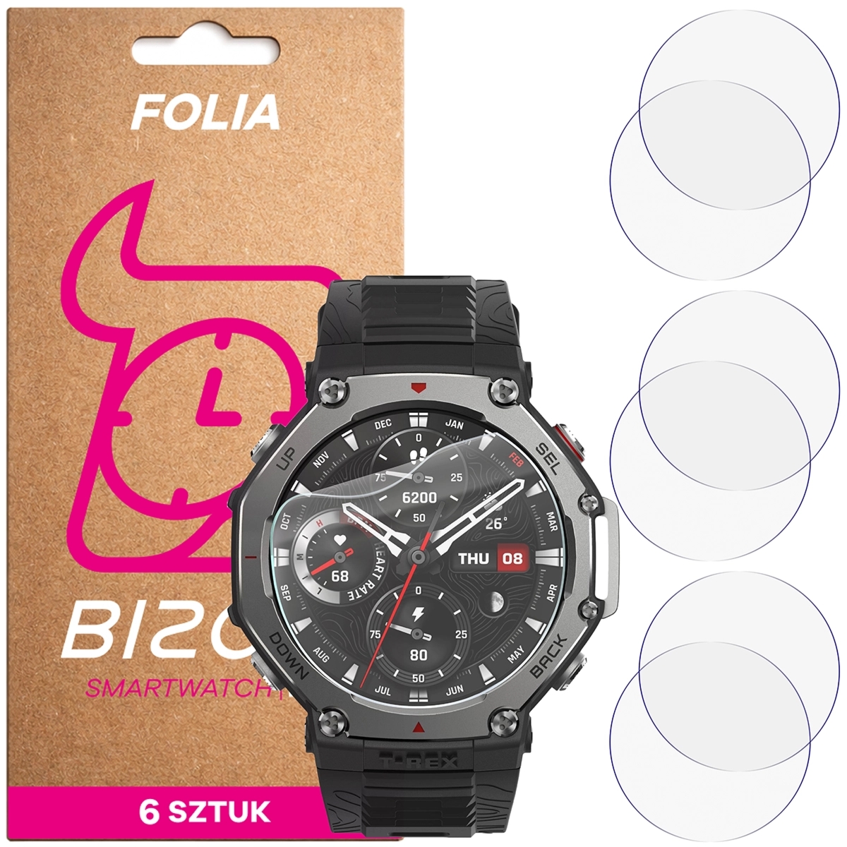 Folia ochronna na ekran zegarka Bizon Watch Film HydroFlex do Amazfit T-Rex 3, 6 sztuk