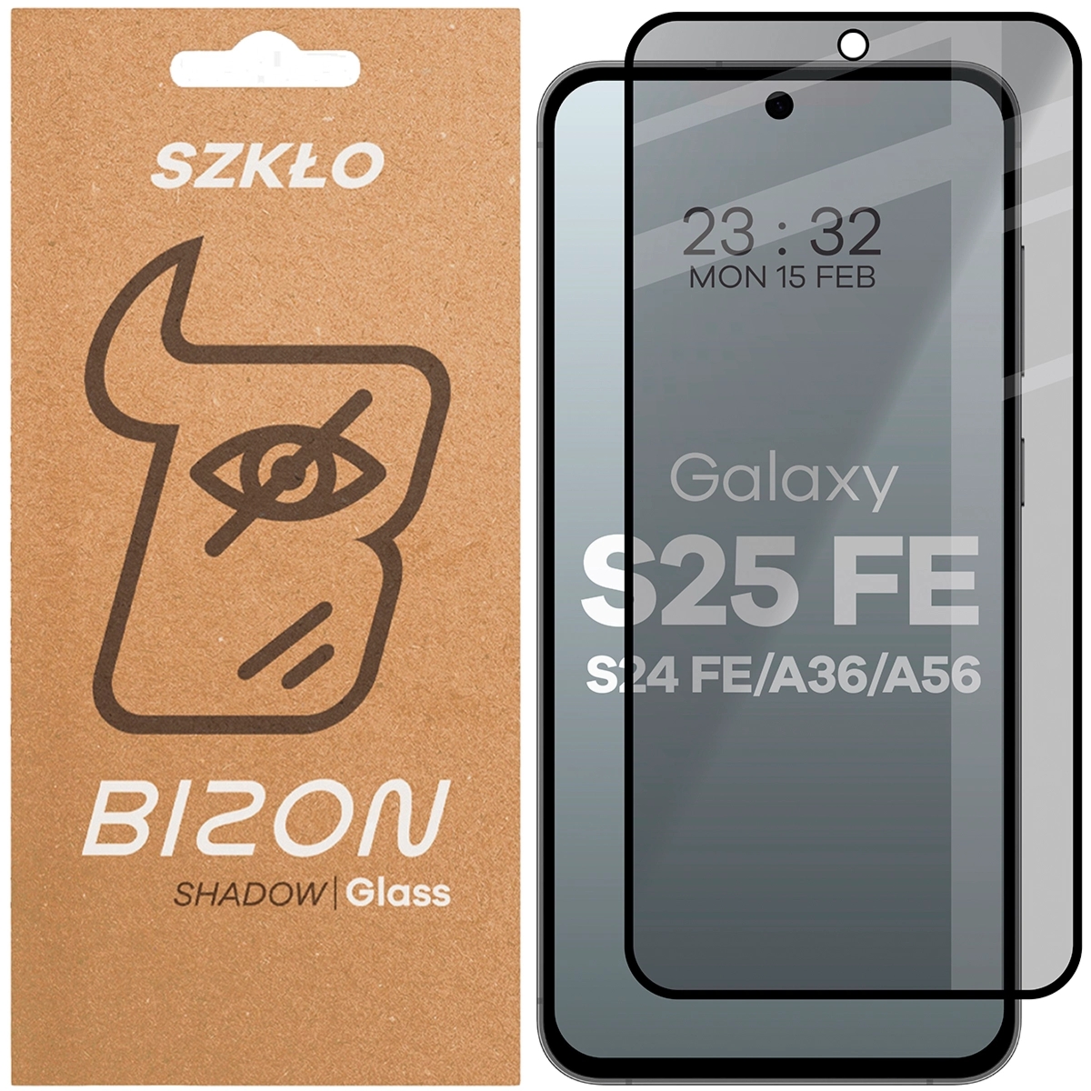 Prywatyzujące szkło hartowane Bizon Glass Edge Shadow do Galaxy S25 FE 5G / S24 FE 5G / A37 5G / A36 5G / A56 5G, przyciemniane z czarną ramką