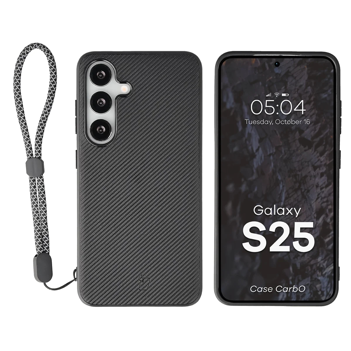 Etui ze smyczką na nadgarstek i pierścieniem magnetycznym Bizon Case CarbO do Galaxy S25, czarne